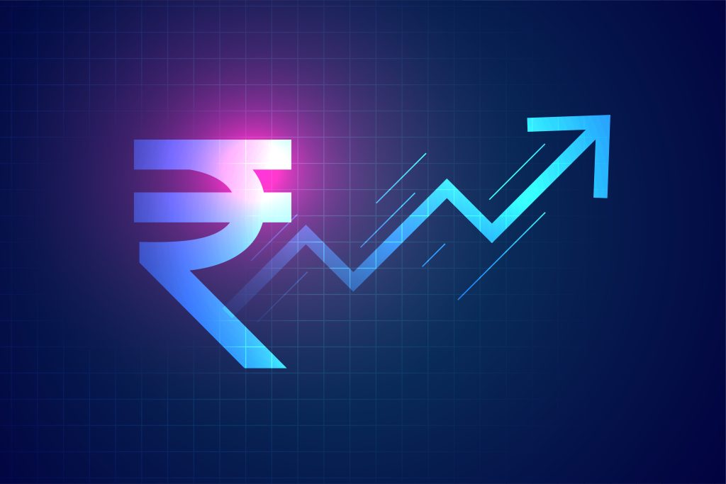 digital indian rupee rise up arrow background in trading concept